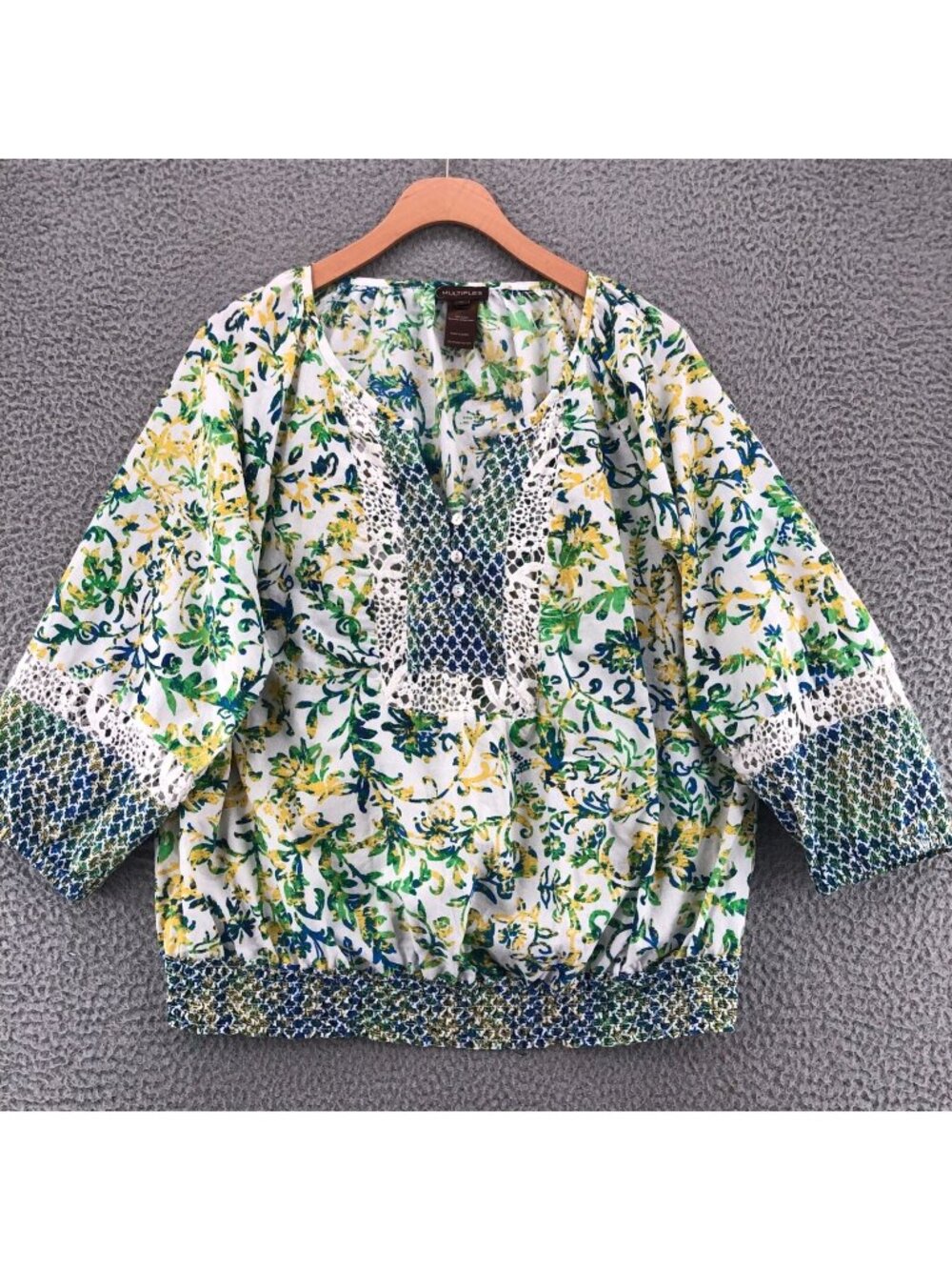 Multiples Blouse Women 1X Plus Multi Floral Crochet Lace 3/4 Sleeve Smocked Boho